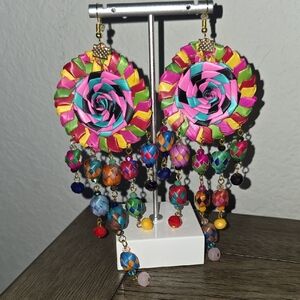 Handwoven Multicolor Rosette Drop Earrings - Vibrant Women's Jewelry